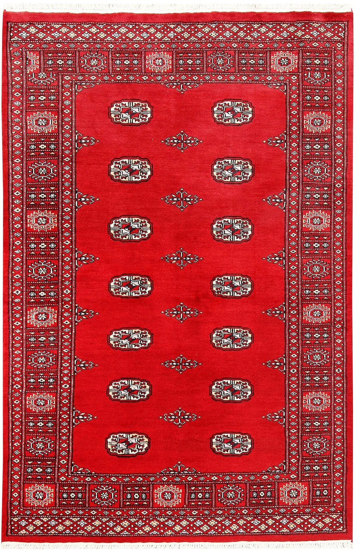 Red Pakistani Bokhara Rug 4' 1" x 6' 2" Hand-Knotted | No. QA10857