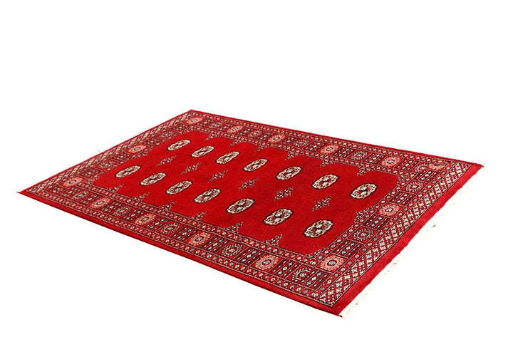 Red Pakistani Bokhara Rug 4' 1" x 6' 2" Hand-Knotted | No. QA10857