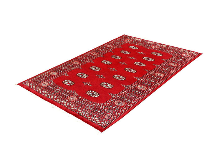 Red Pakistani Bokhara Rug 4' 1" x 6' 2" Hand-Knotted | No. QA10857