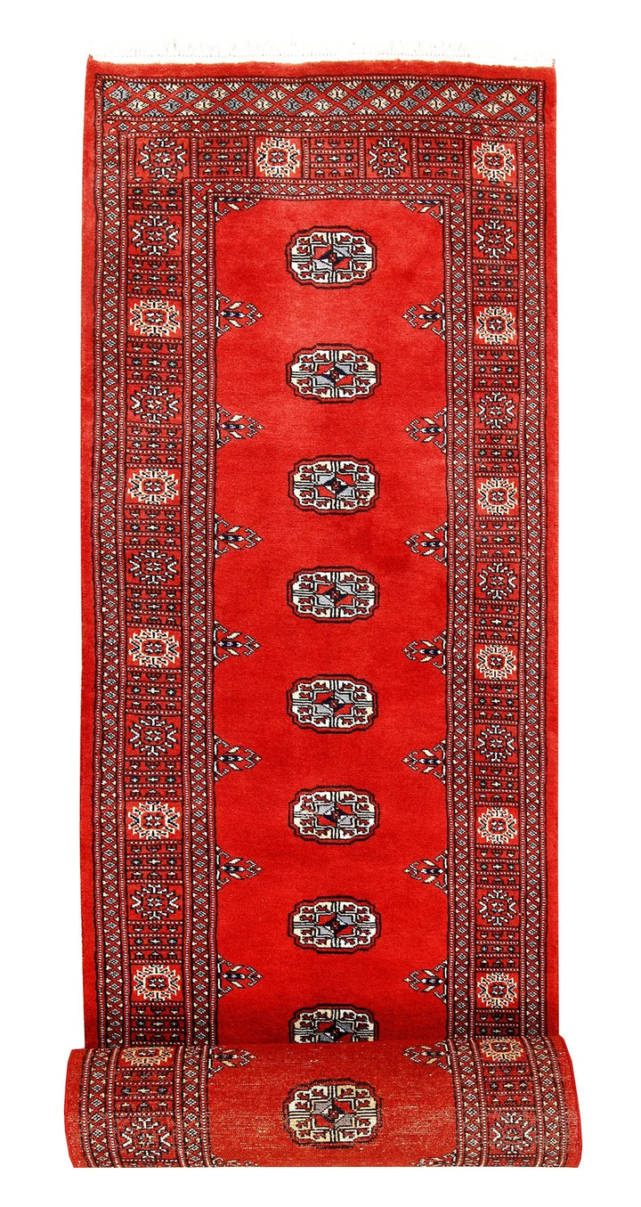 Tomato Pakistani Bokhara Runner Rug 2' 7" x 14' 3" Hand-Knotted | No. QA11466