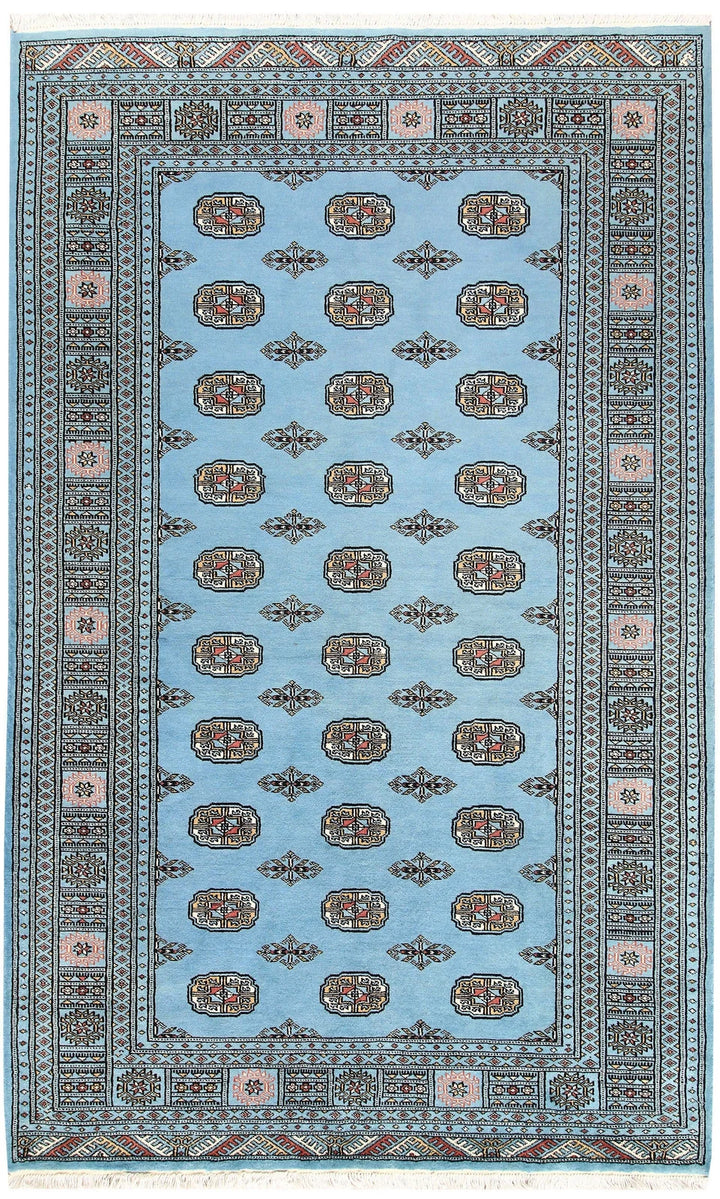 Sky Blue Pakistani Bokhara Rug 5' 1" x 8' 2" Hand-Knotted | No. QA12839