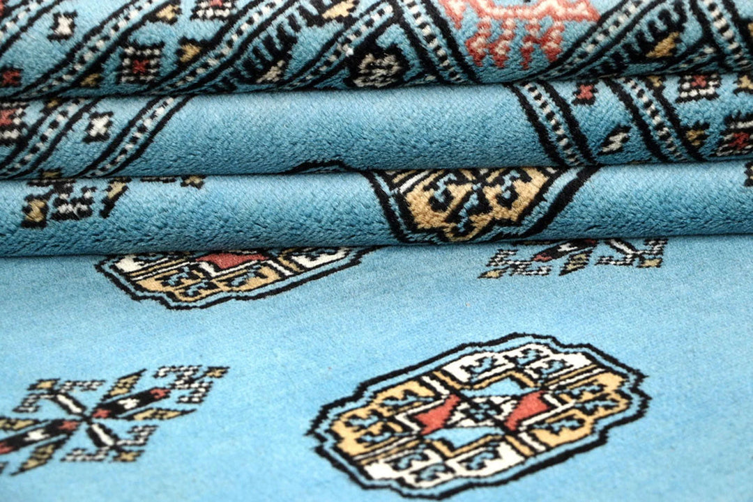 Sky Blue Pakistani Bokhara Rug 5' 1" x 8' 2" Hand-Knotted | No. QA12839
