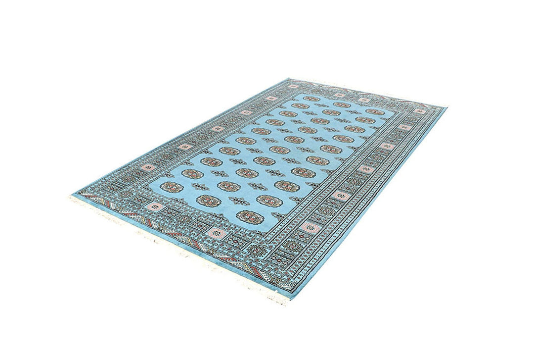 Sky Blue Pakistani Bokhara Rug 5' 1" x 8' 2" Hand-Knotted | No. QA12839