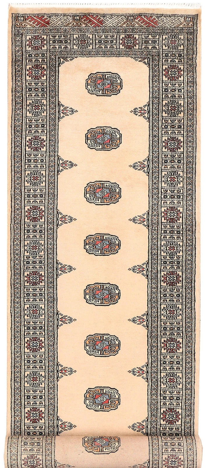 Antique White Pakistani Bokhara Rug 2' 7" x 10' 3" Hand-Knotted | No. QA13229
