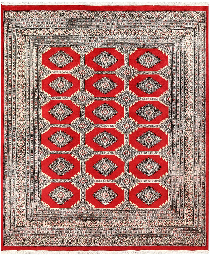 Firebrick Red Pakistani Jaldar Rug 6' 8" x 7' 9" Hand-Knotted | No. QA13536