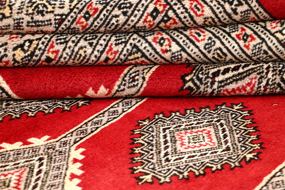 Firebrick Red Pakistani Jaldar Rug 6' 8" x 7' 9" Hand-Knotted | No. QA13536