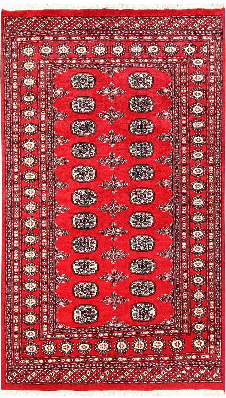 Red Pakistani Bokhara Rug 3' 11" x 6' 6" Hand-Knotted | No. QA13964