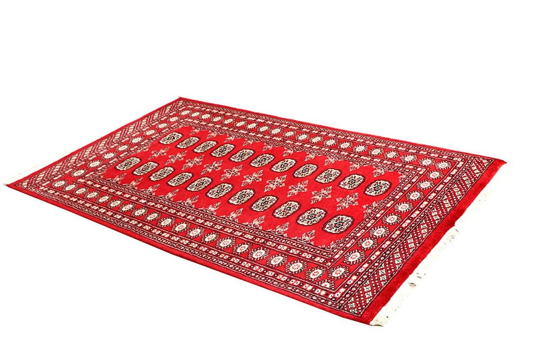 Red Pakistani Bokhara Rug 3' 11" x 6' 6" Hand-Knotted | No. QA13964