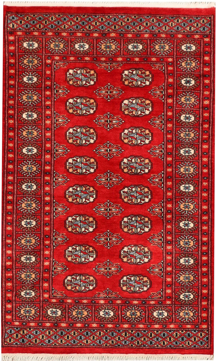Red Pakistani Bokhara Rug 3' 1" x 5' Hand-Knotted | No. QA14912