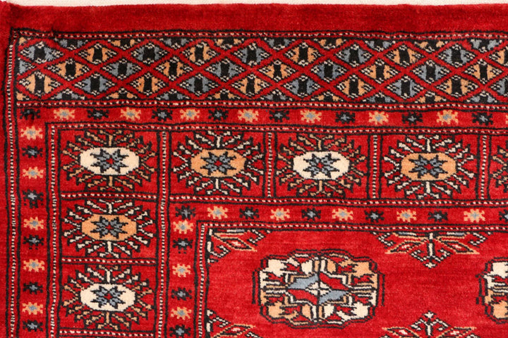 Red Pakistani Bokhara Rug 3' 1" x 5' Hand-Knotted | No. QA14912