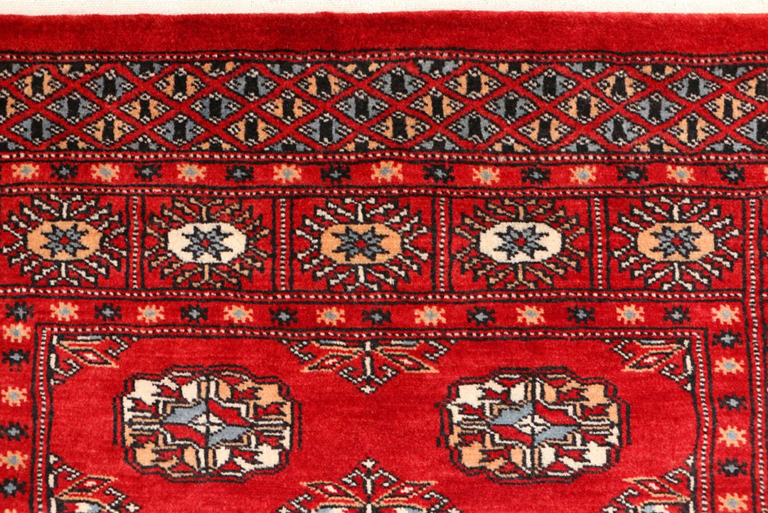 Red Pakistani Bokhara Rug 3' 1" x 5' Hand-Knotted | No. QA14912