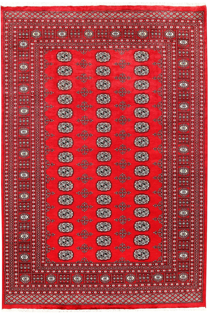 Red Pakistani Bokhara Rug 6' 1" x 8' 11" Hand-Knotted | No. QA15645