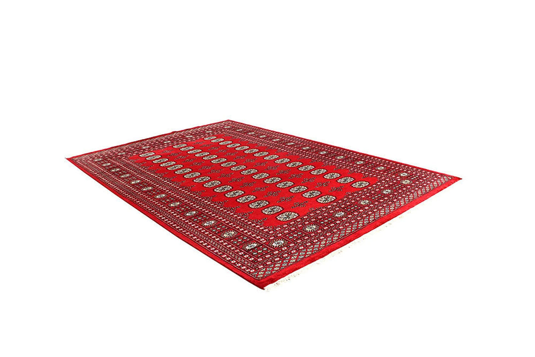 Red Pakistani Bokhara Rug 6' 1" x 8' 11" Hand-Knotted | No. QA15645