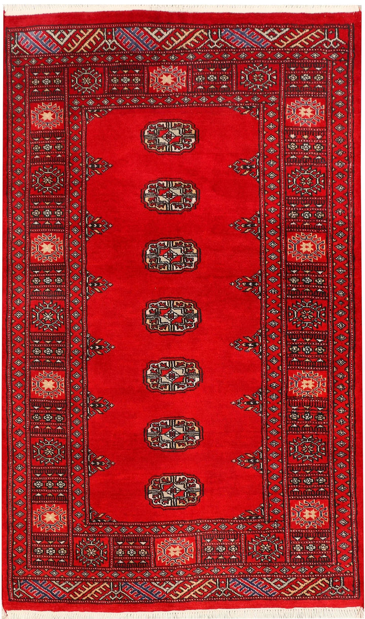 Red Pakistani Bokhara Rug 3' 1" x 5' Hand-Knotted | No. QA15693