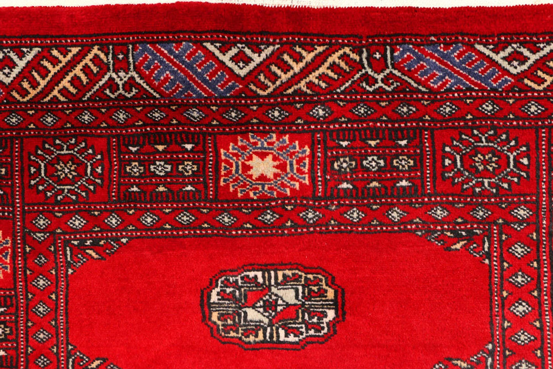 Red Pakistani Bokhara Rug 3' 1" x 5' Hand-Knotted | No. QA15693