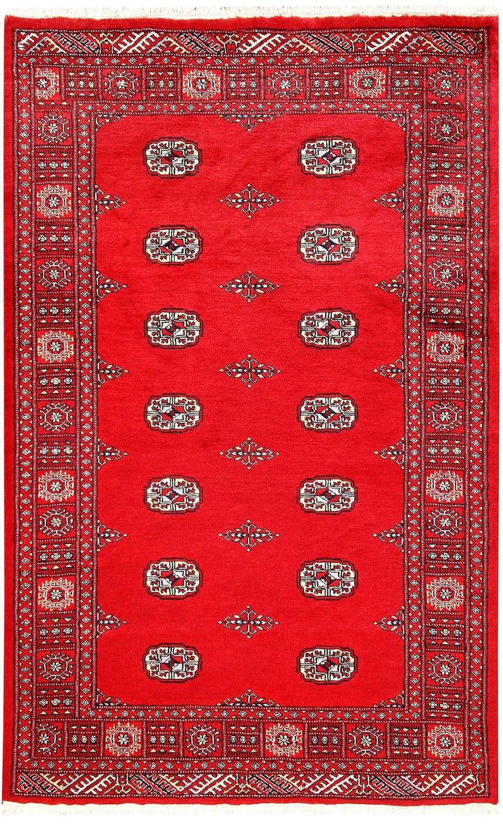 Red Pakistani Bokhara Rug 4' 2" x 6' 7" Hand-Knotted | No. QA15941