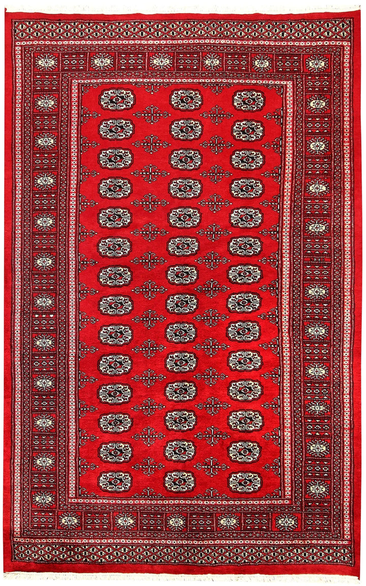 Firebrick Pakistani Bokhara Rug 5' 1" x 8' Hand-Knotted | No. QA16041