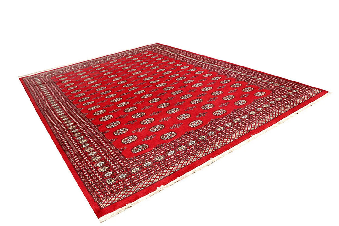 Red Pakistani Bokhara Rug 9' 3" x 12' 3" Hand-Knotted | No. QA16317