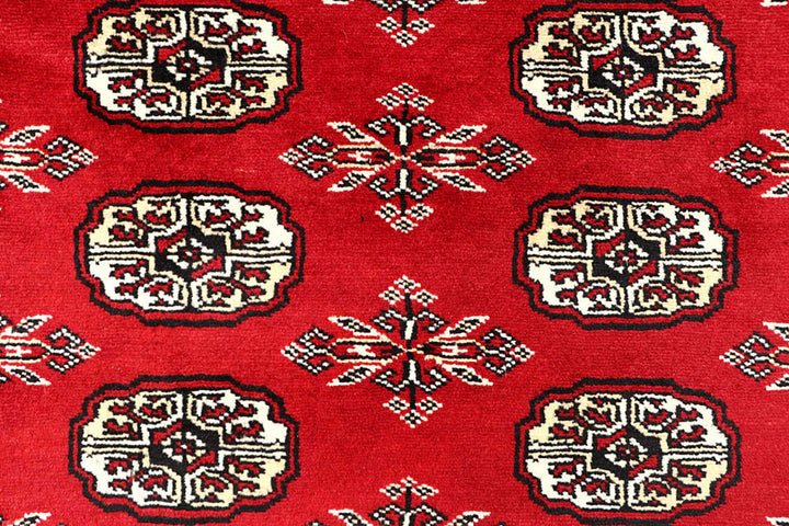 Red Pakistani Bokhara Rug 4' x 6' 9" Hand-Knotted | No. QA16471