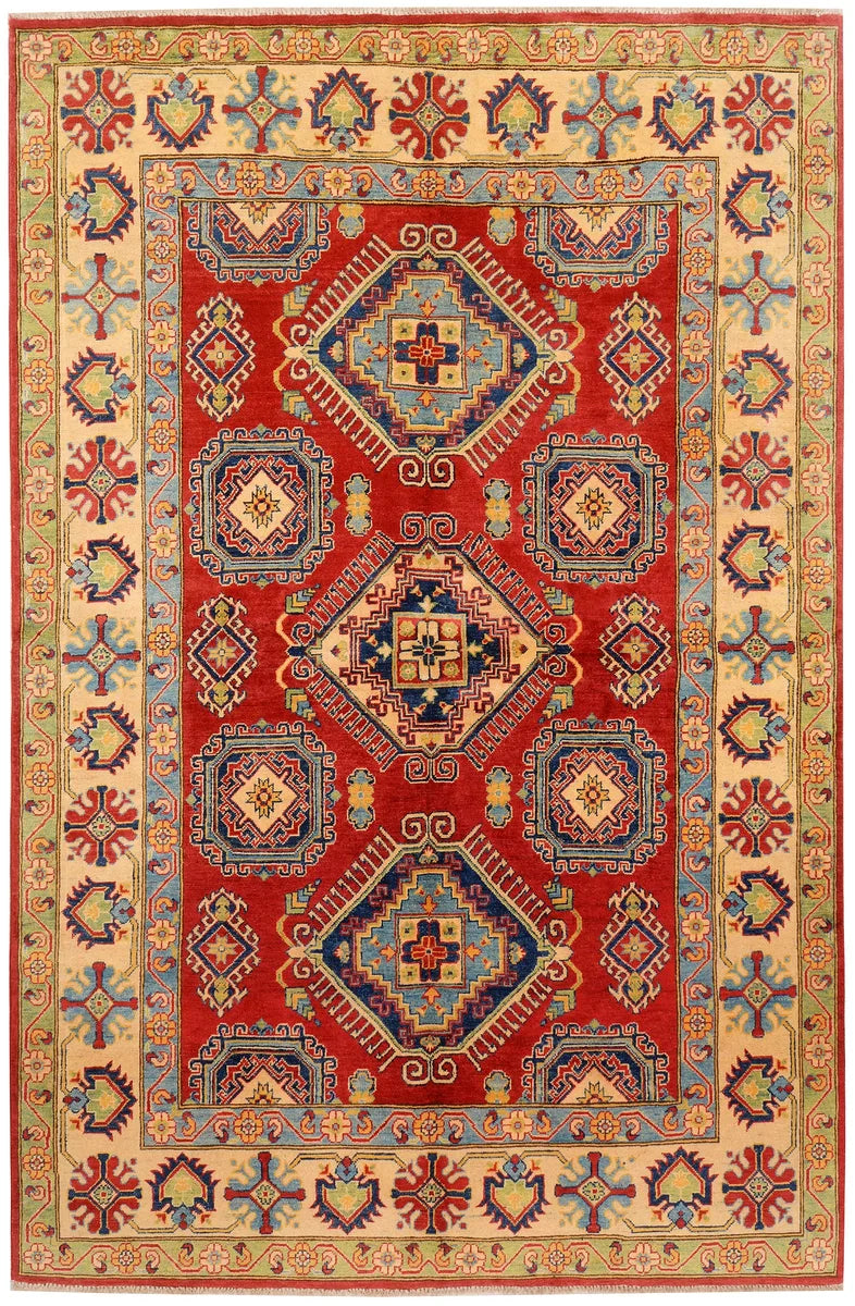 Red Afghan Kazak Rug 6'6" x 9'9" Hand-Knotted | No. QA16967