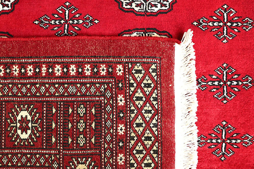 Red Pakistani Bokhara Rug 5' 7" x 8' 2" Hand-Knotted | No. QA17126