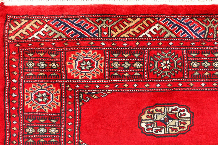 Red Pakistani Bokhara Rug 3' x 5' 2" Hand-Knotted | No. QA17633
