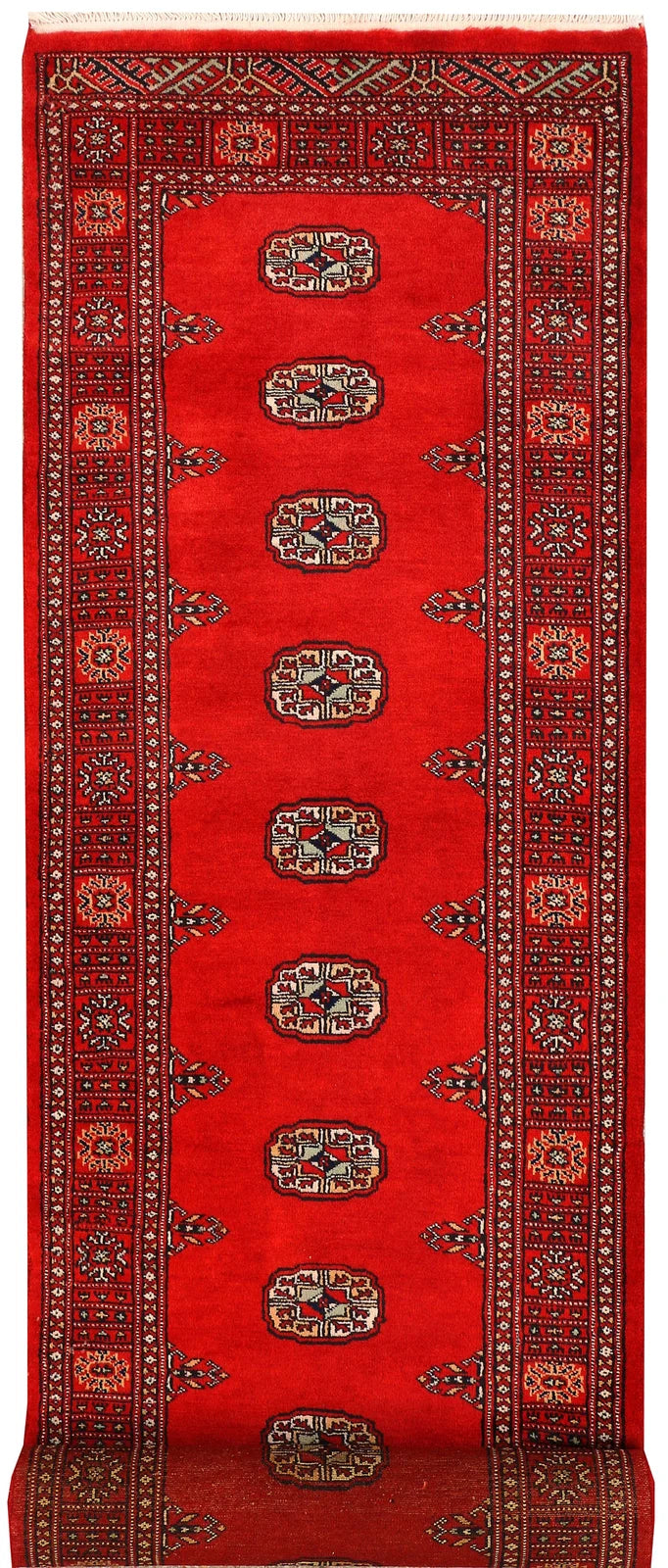 Red Pakistani Bokhara Rug 2' 7" x 11' 10" Hand-Knotted | No. QA18444