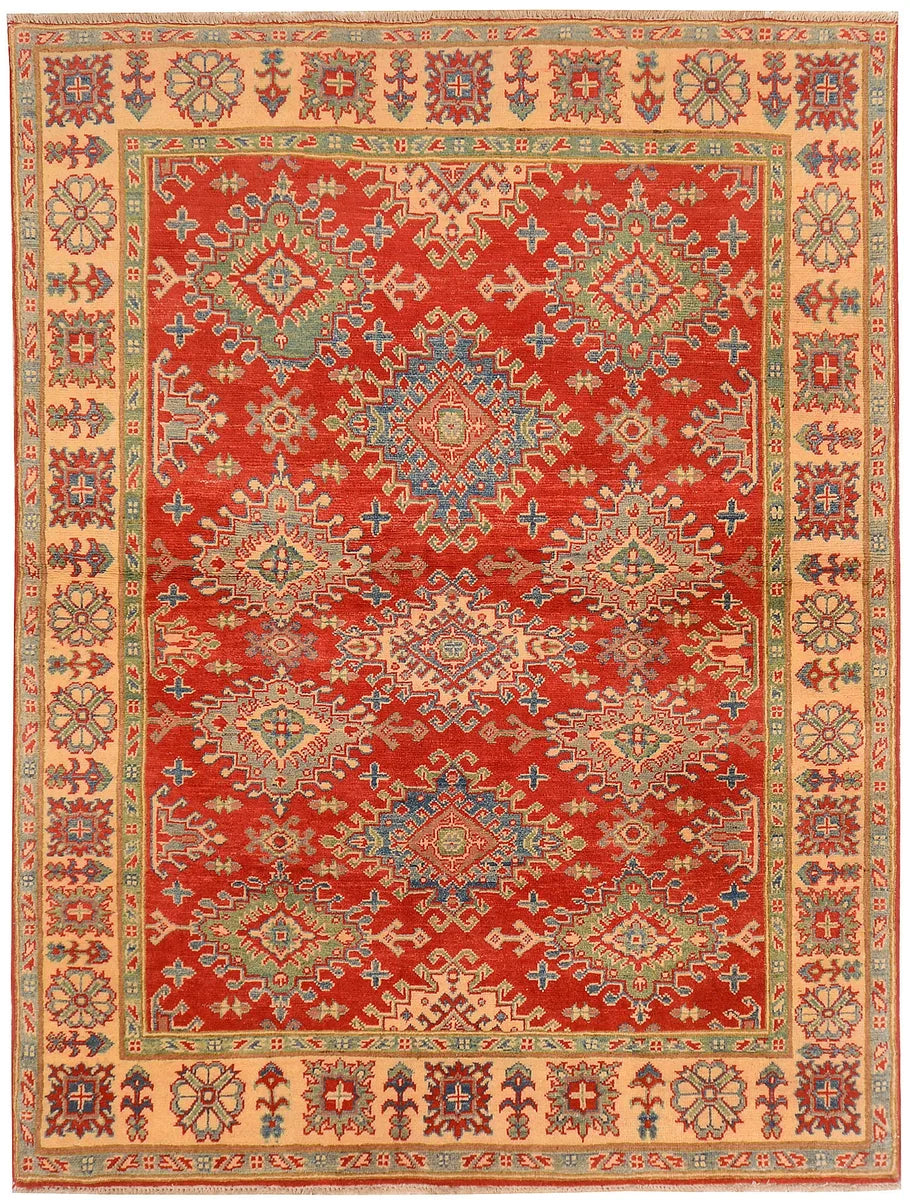 Red Afghan Kazak Rug 4' 10" x 6' 4" Hand-Knotted | No. QA18561