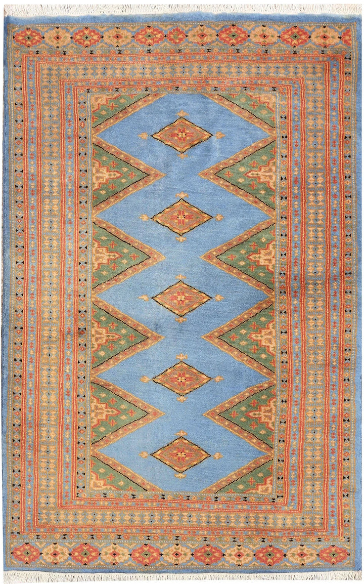 Light Steel Blue Pakistani Jaldar Rug 3' 1" x 4' 9" Hand-Knotted | No. QA18574