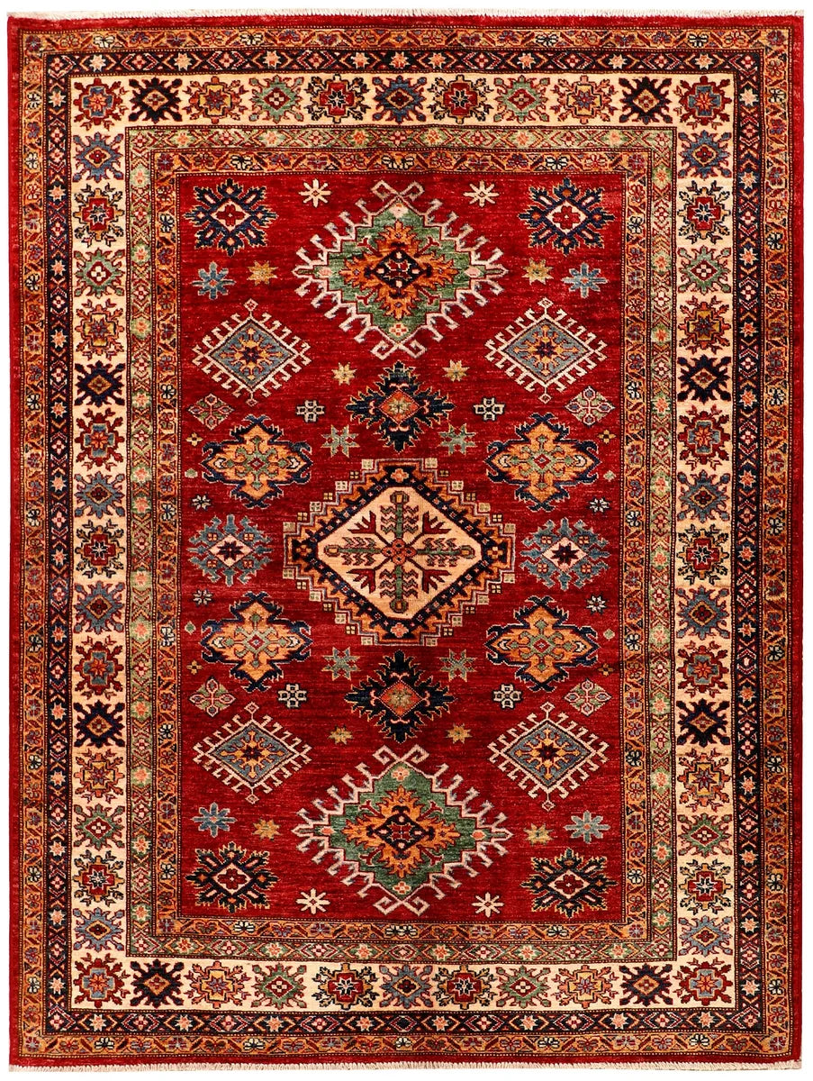 Red Afghan Kazak Rug 4' 11" x 6' 8" Hand-Knotted | No. QA18630