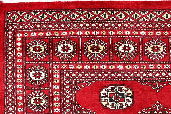 Red Pakistani Bokhara Rug 5' 7" x 8' 5" Hand-Knotted | No. QA19021