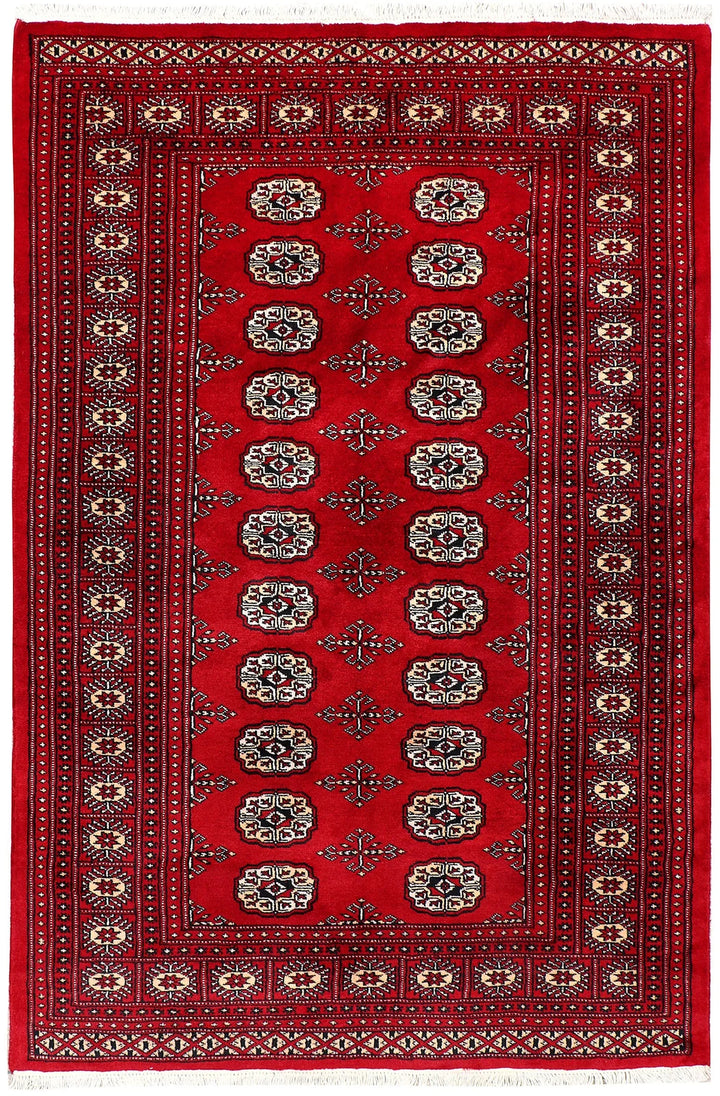 Red Pakistani Bokhara Rug 4' 1" x 6' 2" Hand-Knotted | No. QA19481