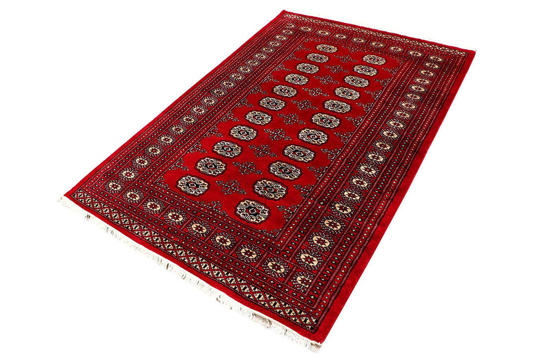 Red Pakistani Bokhara Rug 4' 1" x 6' 2" Hand-Knotted | No. QA19481