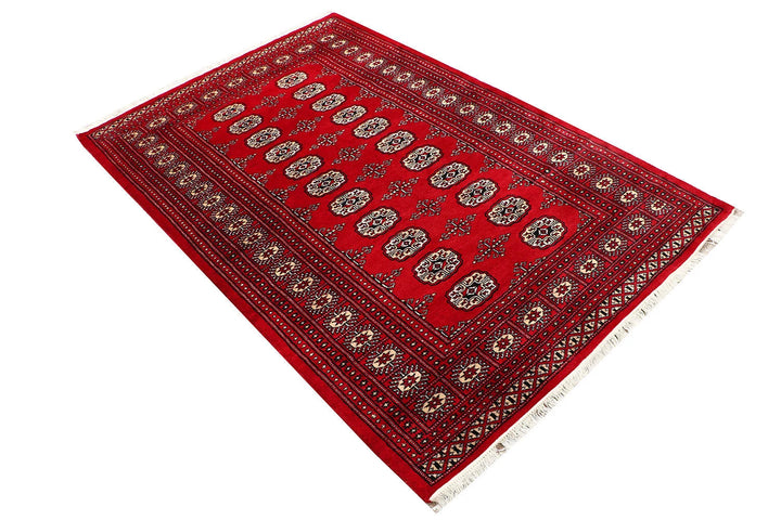 Red Pakistani Bokhara Rug 4' 1" x 6' 2" Hand-Knotted | No. QA19481