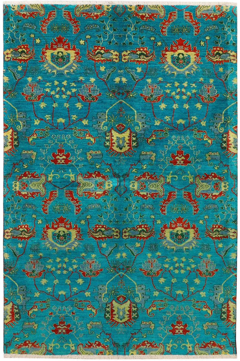 Blue Afghan Suzani Rug 6' 1" x 9' " Hand-Knotted | No. QA19589