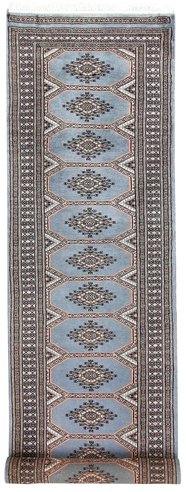 Light Steel Blue Pakistani Jaldar Runner 2' 4" x 9' Hand-Knotted | No. QA19738