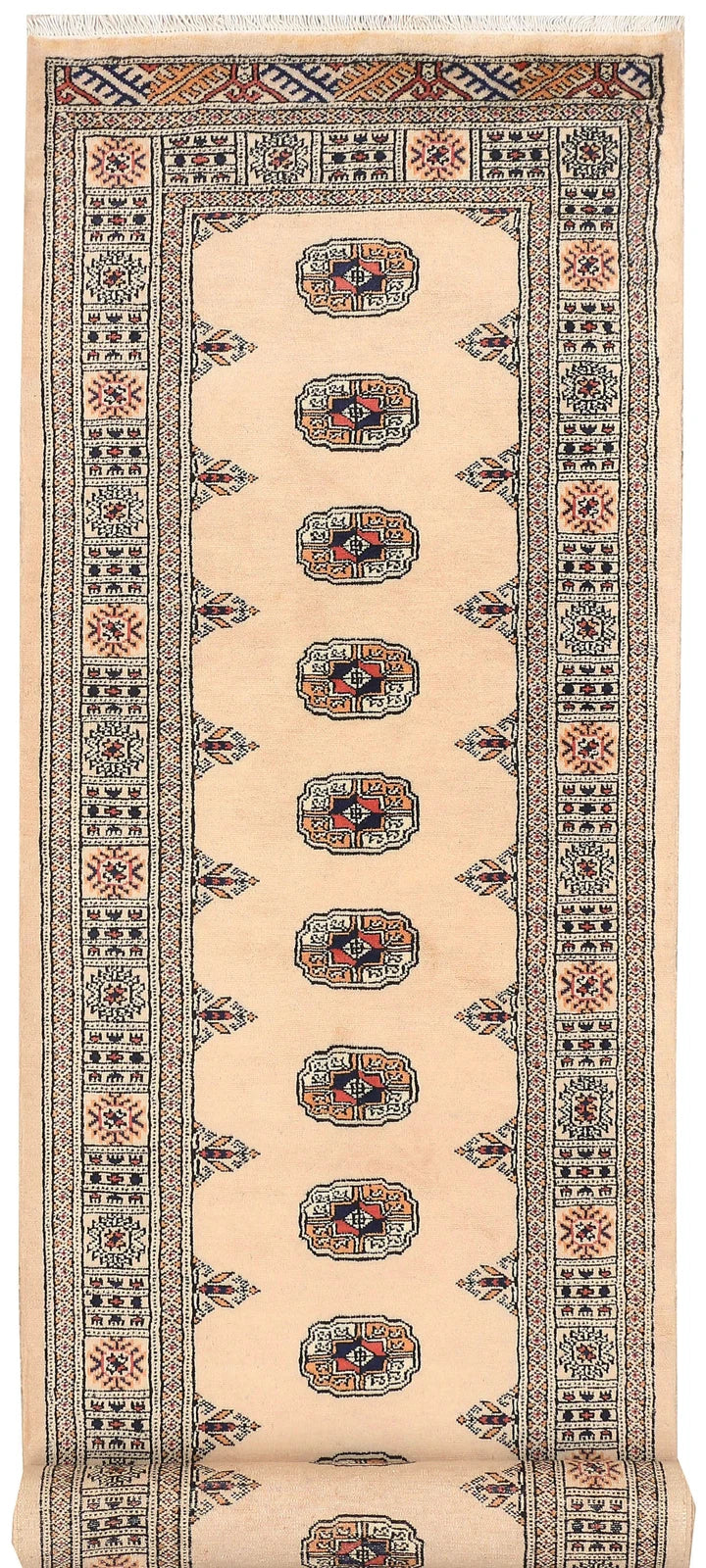 Antique White Pakistani Bokhara Rug 2' 7" x 10' 5" Hand-Knotted | No. QA20047