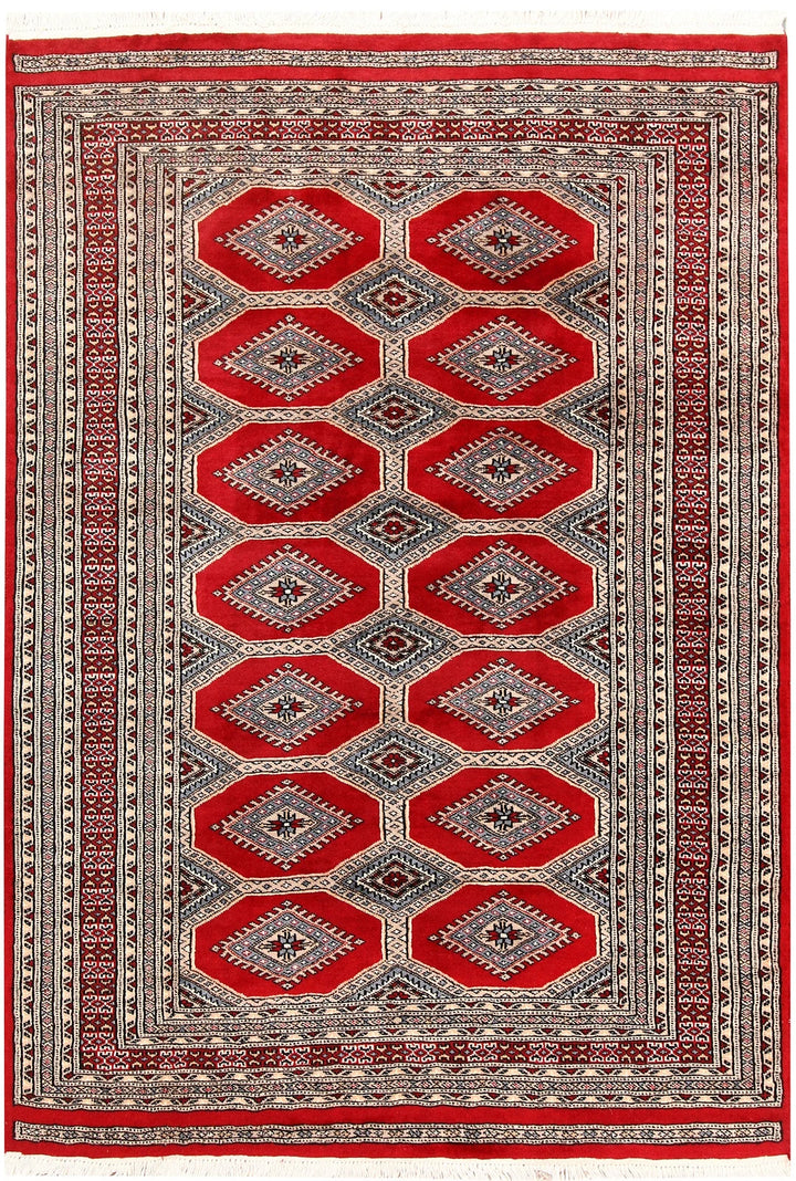 Firebrick Red Pakistani Jaldar Rug 4' 1" x 5' 11" Hand-Knotted | No. QA20499