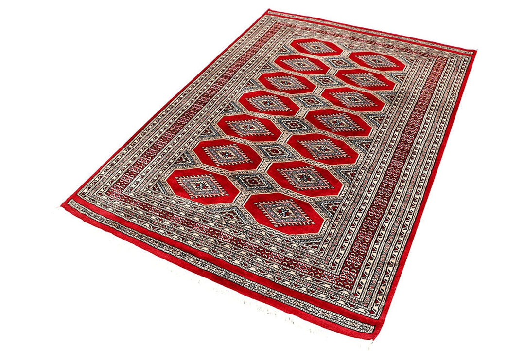 Firebrick Red Pakistani Jaldar Rug 4' 1" x 5' 11" Hand-Knotted | No. QA20499