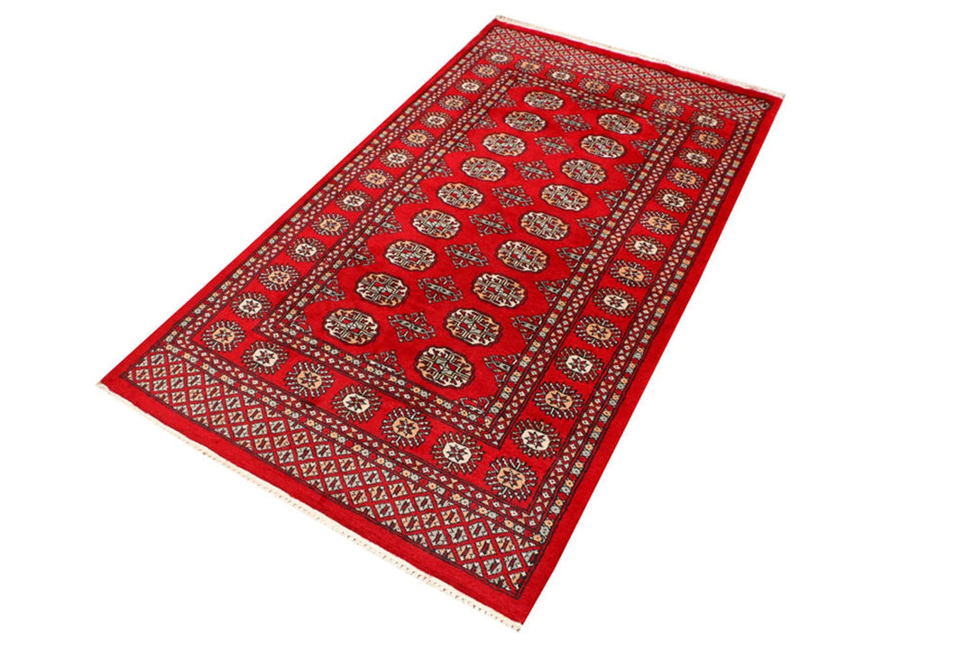 Red Bokhara Rug 3' 2" x 5' 7" Hand-Knotted | No. QA20787