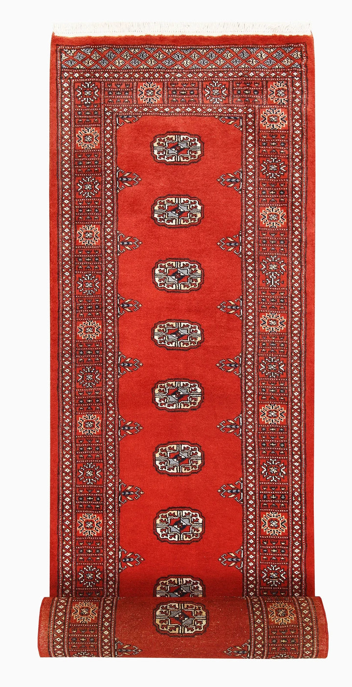 Tomato Orange Pakistani Bokhara Runner 2' 6" x 14' 3" Hand-Knotted | No. QA21040