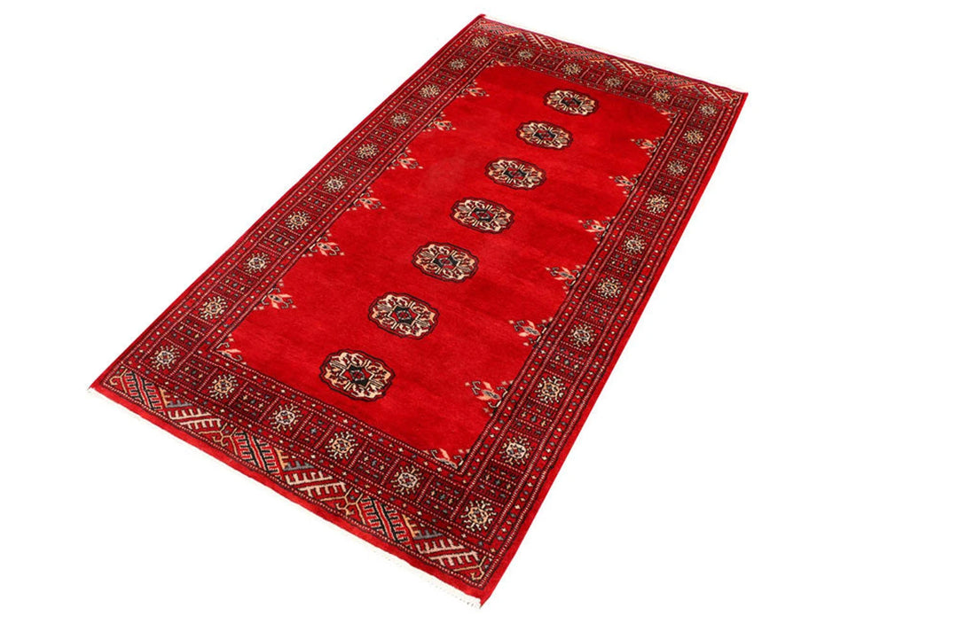 Red Pakistani Bokhara Rug 3' 1" x 5' 7" Hand-Knotted | No. QA21057