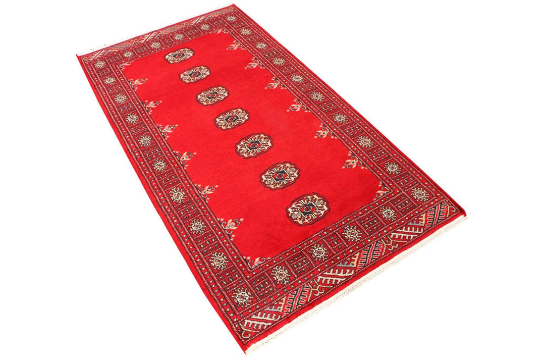 Red Pakistani Bokhara Rug 3' 1" x 5' 7" Hand-Knotted | No. QA21057
