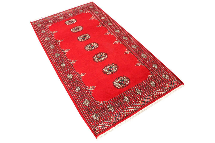 Red Pakistani Bokhara Rug 3' 1" x 5' 7" Hand-Knotted | No. QA21057