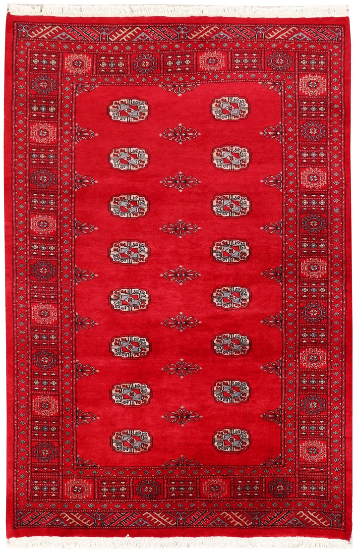Red Pakistani Bokhara Rug 4' 1" x 6' Hand-Knotted | No. QA21627