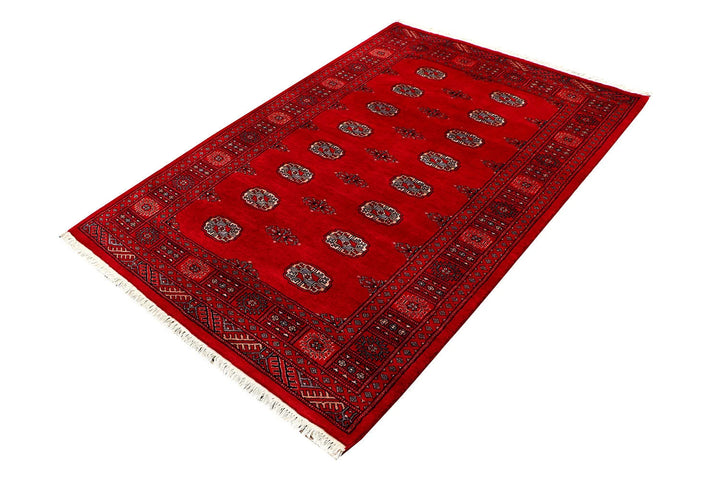 Red Pakistani Bokhara Rug 4' 1" x 6' Hand-Knotted | No. QA21627