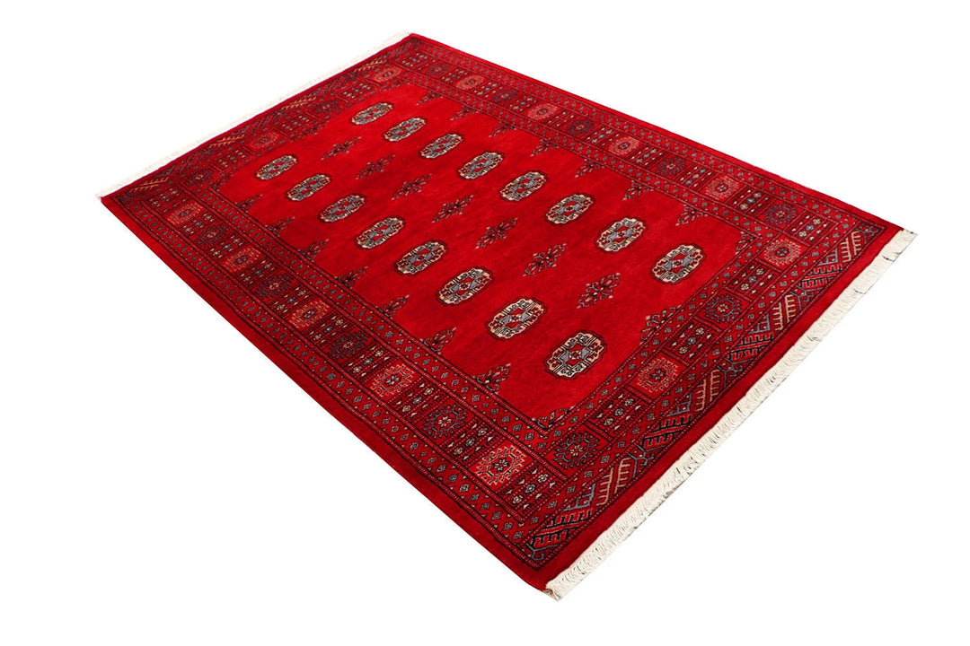 Red Pakistani Bokhara Rug 4' 1" x 6' Hand-Knotted | No. QA21627