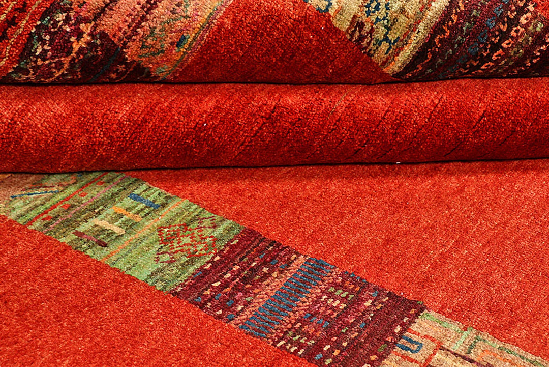 Red Pakistani Gabbeh Rug 5' 6" x 8' 1" Hand-Knotted | No. QA22415