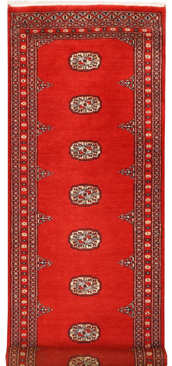 Red Pakistani Bokhara Rug 2' 7" x 8' 8" Hand-Knotted | No. QA22687
