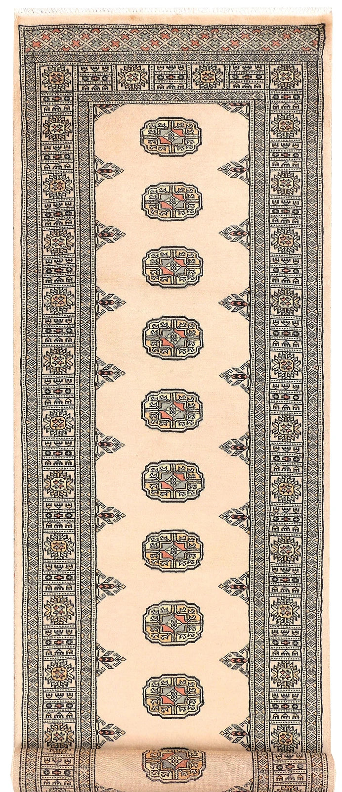 Antique White Pakistani Bokhara Rug 2' 7" x 8' 8" Hand-Knotted | No. QA22868